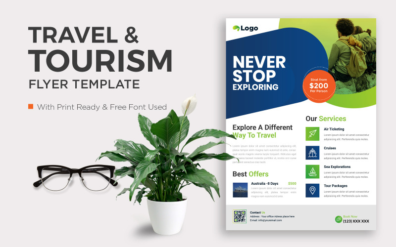 Travel Flyer Corporate Template Design met contactgegevens en locatiegegevens.