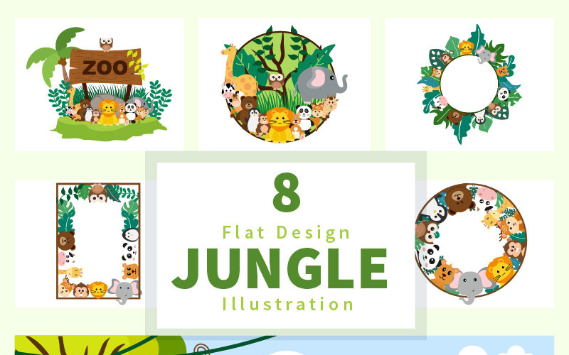 8 animali della giungla e illustrazione di stile piano del fumetto dello zoo