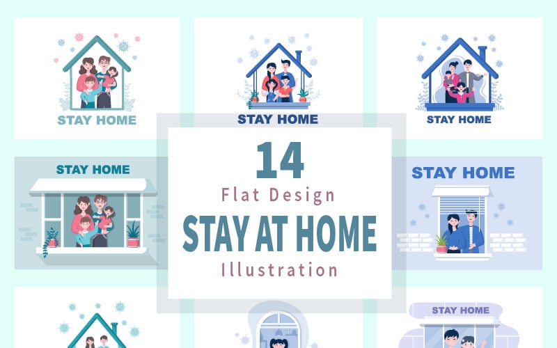 14 Bleiben Sie zu Hause Flat Design Illustration