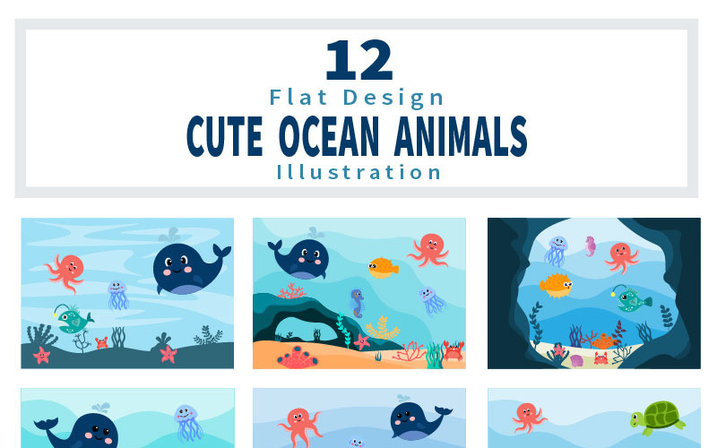 12 милий океан тварин підводний фон плоских ілюстрації