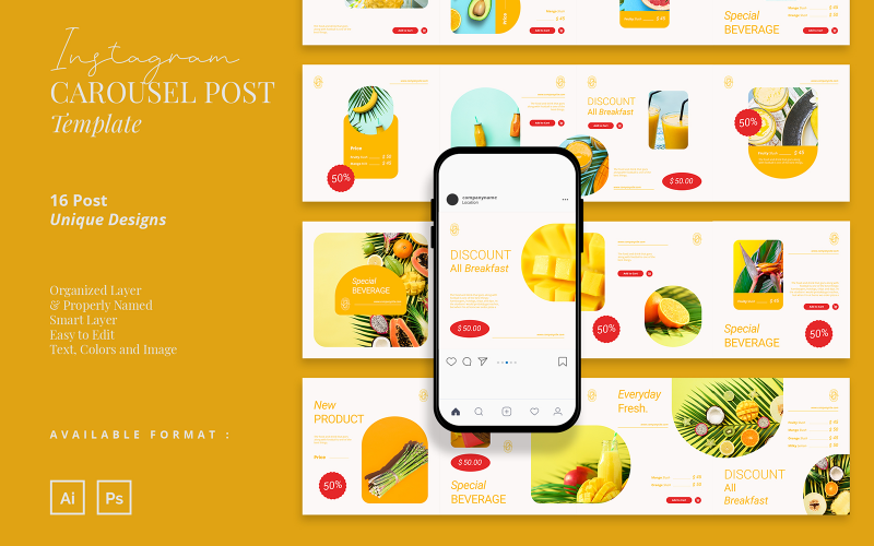 Plantilla de carrusel de Instagram de anuncios de alimentos frescos para redes sociales