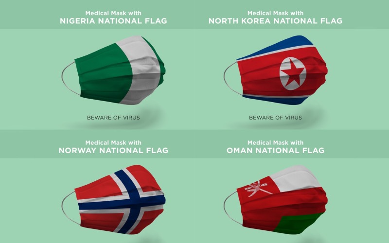 Máscara com Nigéria Coreia do Norte Noruega Oman Nation Flags Product mockup