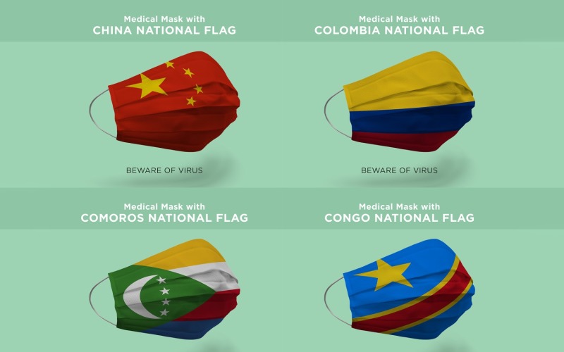Medical Mask with china Colombia Comoros Congo Nation Flags Product Mockup