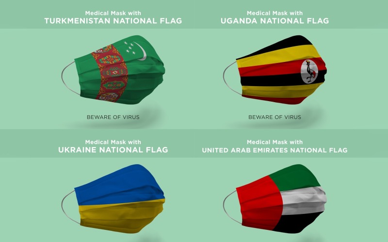 Medical Mask with Turkmenistan Uganda Ukraine Arab emirates National Flags Product Mockup