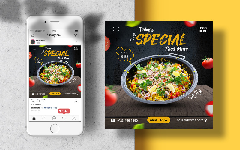 Post di Instagram del menu speciale del cibo. Banner modello di social media