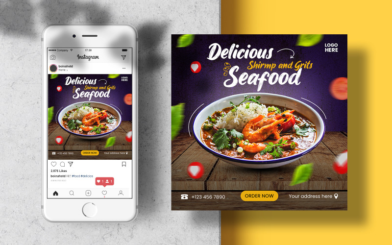 Délicieux menu de publication Instagram de fruits de mer. Bannière de modèle de médias sociaux