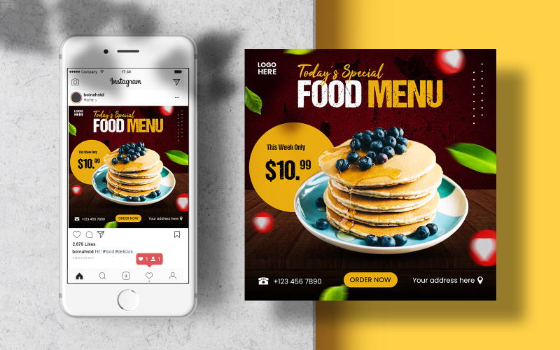 Post di Instagram del menu speciale del cibo. Modello di banner per social media