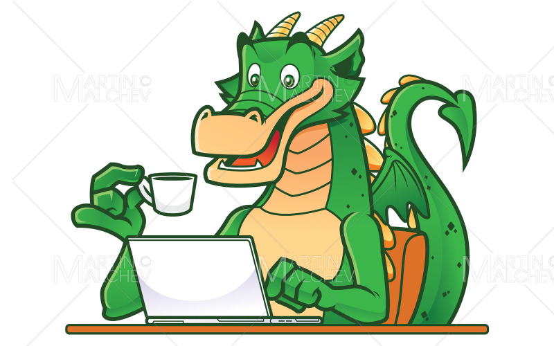 Drak na notebooku ilustrace