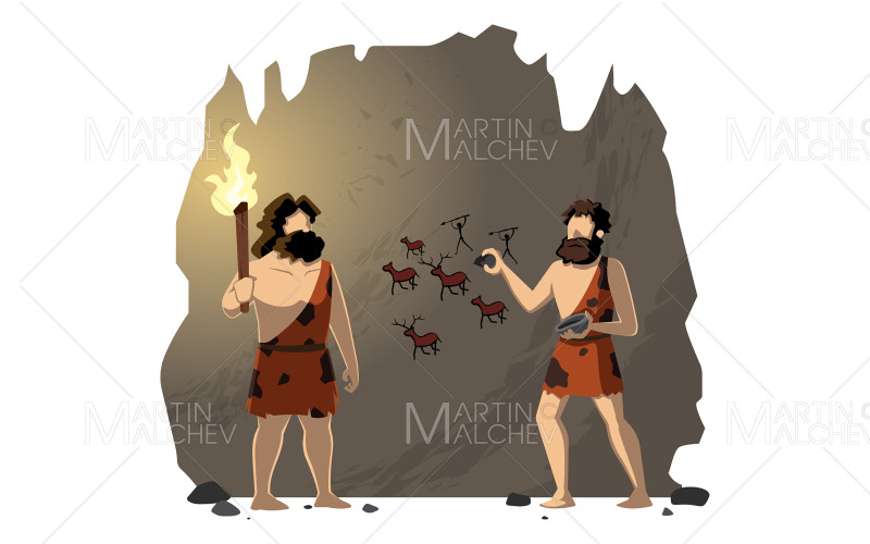 Hombres de las cavernas dibujo pintura rupestre ilustración
