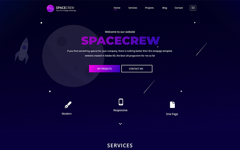 SpaceCrew - Portfolio Úvodní stránka Adobe XD PSD Šablona