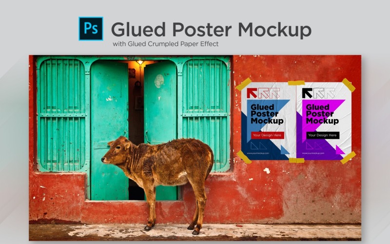 Glued Mockup with Two Poster Paper On Door Product Mockup