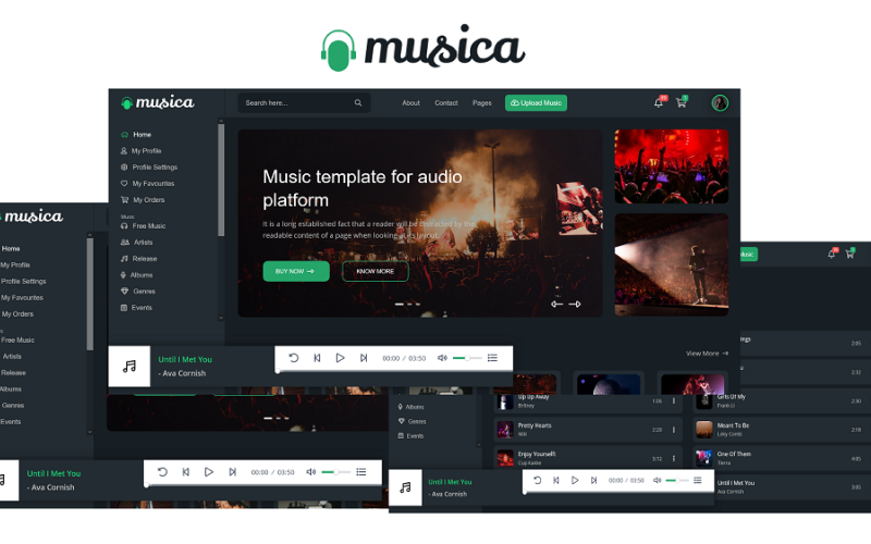 Musica - шаблон веб-сайта для потоковой передачи музыки и записи в формате HTML5