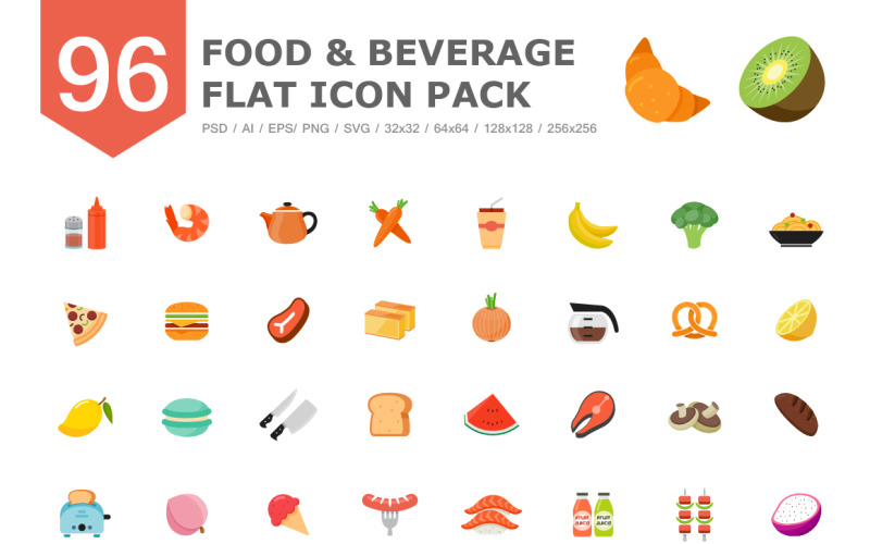 Potraviny a nápoje barevné ploché ikony šablona