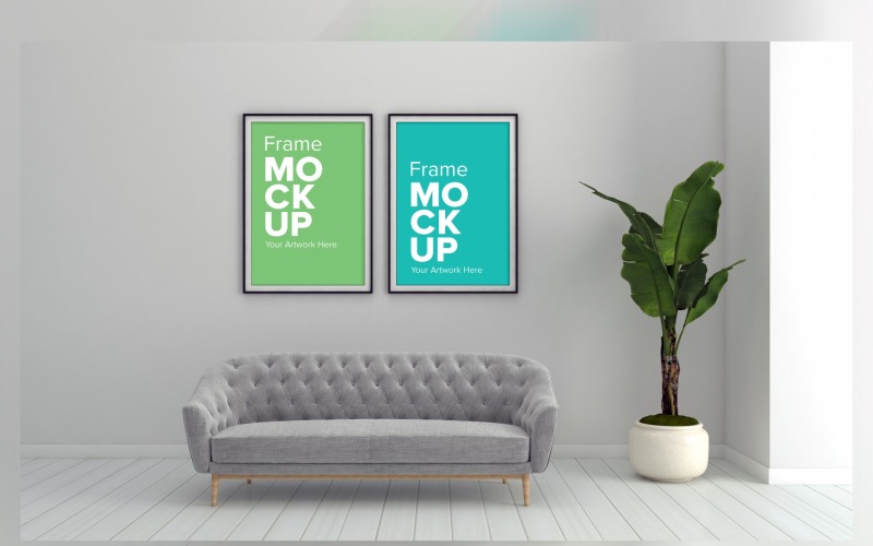 Divano grigio in un soggiorno minimalista con cornici sulle pareti Mockup del prodotto