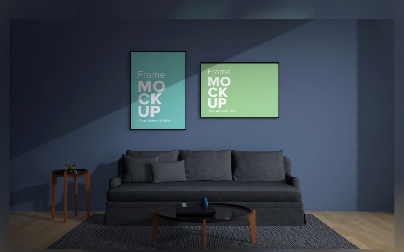 Canapé gris dans un salon minimaliste avec deux cadres sur la maquette de produit de murs
