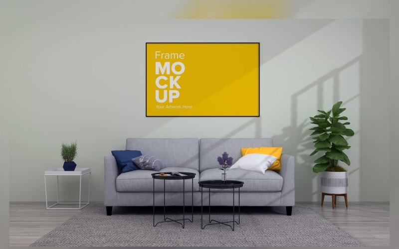 Divano grigio in un soggiorno minimalista con una cornice, mockup del prodotto della pianta d'appartamento
