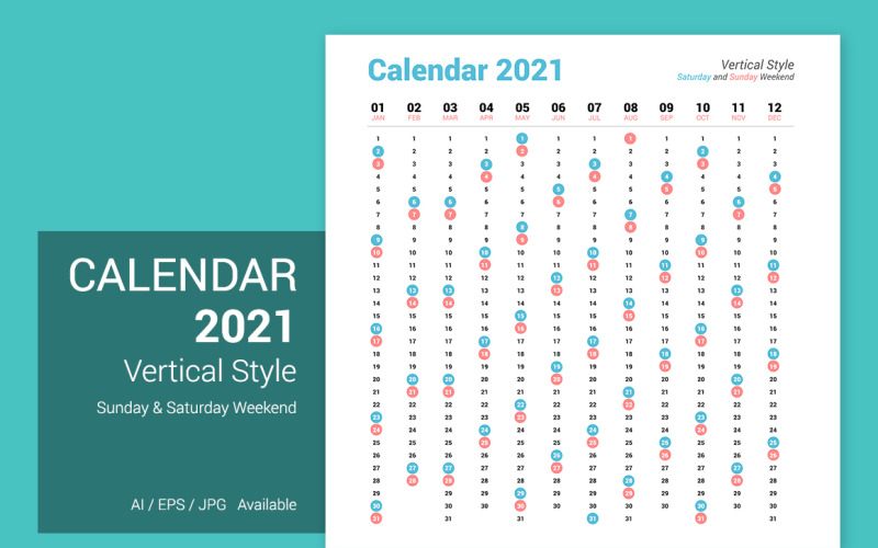 Calendar 2021 Vertical Style Saturday and Sunday Weekend Planner
