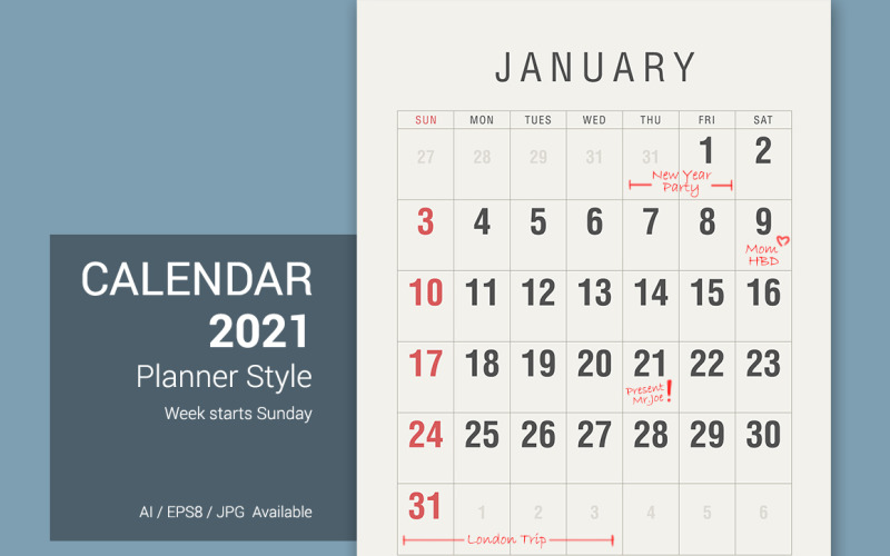 Календарь на 2021 год Планировщик в винтажном стиле. Неделя начинается в воскресенье.