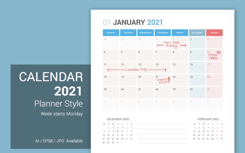 Kalendarz 2021 Planner Design Tydzień rozpoczyna się w poniedziałek