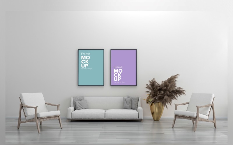 Maqueta de sala de estar interior renderizada en 3D con maqueta de dos marcos