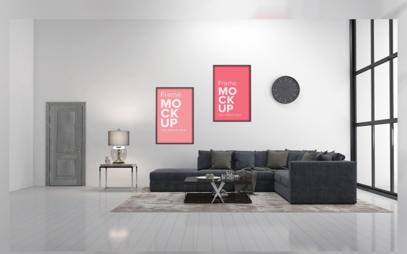 Mockup de sala de estar moderna, una lámpara en un marco de pared y frote mullido