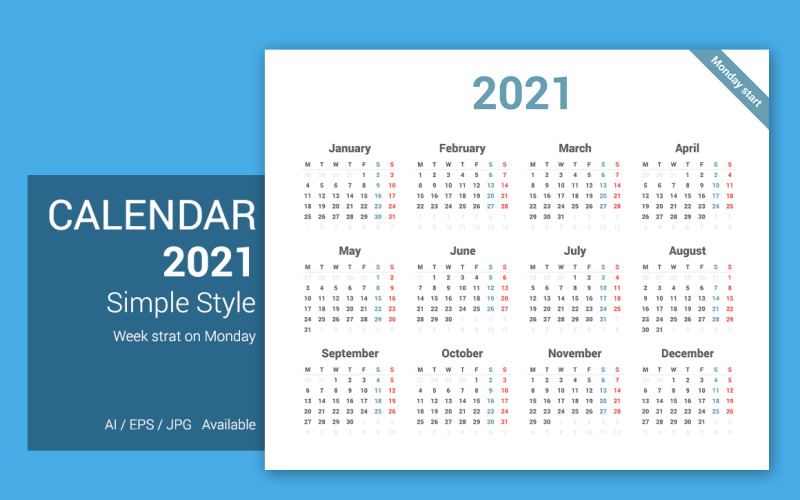 Simple Calendar 2021 Monday Starts Planner