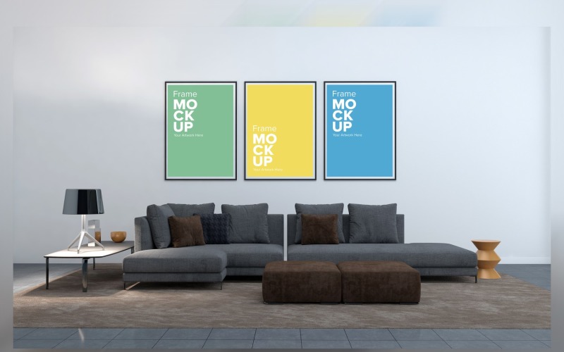 3D vykreslený interiér obývacího pokoje s maketou tří rámů