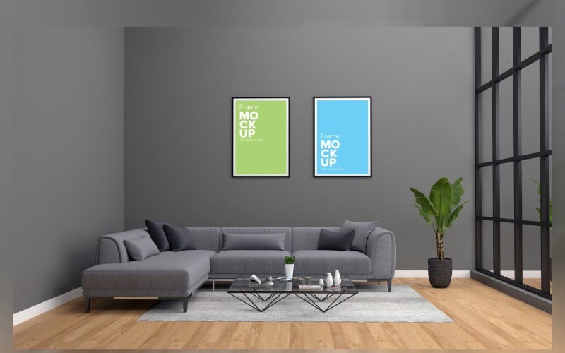Sofá gris con cojines en una sala de estar con una maqueta de marco, planta de interior