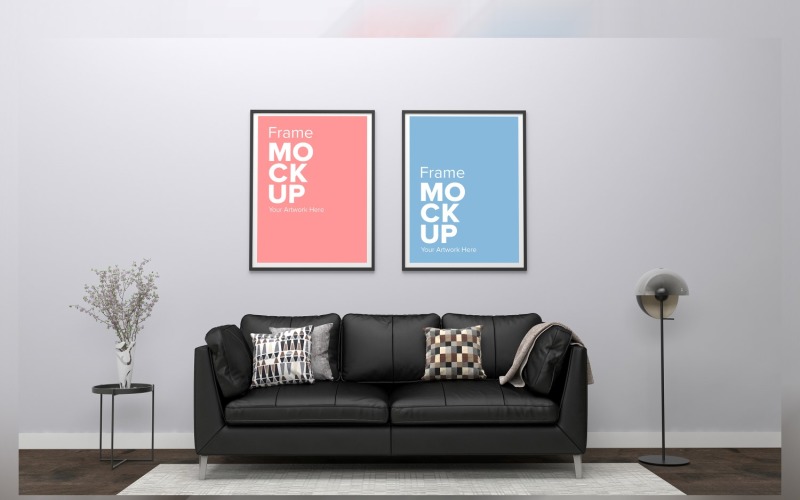 Black Sofa With Colorful Cushions  In A Living Room With A Frame, Houseplant Mockup