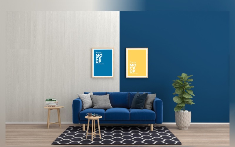 Een Comfortabele Blauwe Bank Met Kleurrijke Kussens In Een Kamer Met Frames Op Een Muur Frame Mockup