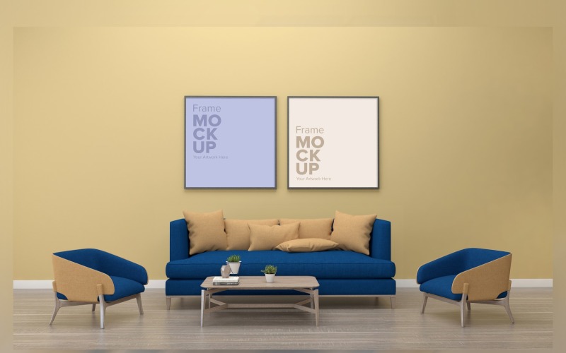 Luxus-Sofa mit bunten Kissen in einem Raum mit Rahmen auf einem Wandmodell