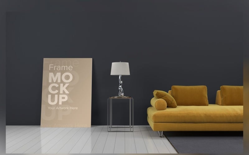 Lyxig soffa med ett bord och lampor på en matta i ett vardagsrum med väggmodell