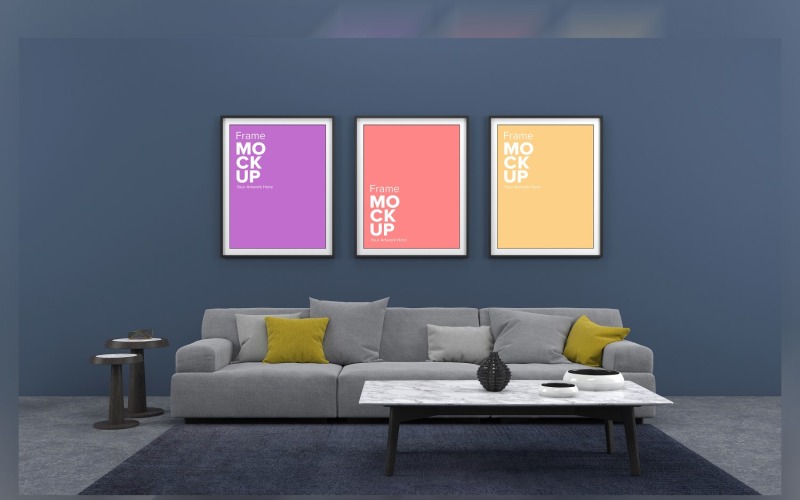 Modern Sofa With Colorful Cushions And A Stool In A Living Room Mockup