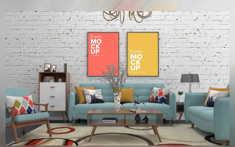 Moderní pohovka s konferenčním stolkem a lampami na koberci v obývacím pokoji s maketami rámů stěn