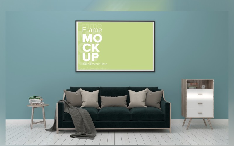Obývací pokoj pohovka polštáře a stolička s knihami rámy produktu Mockup