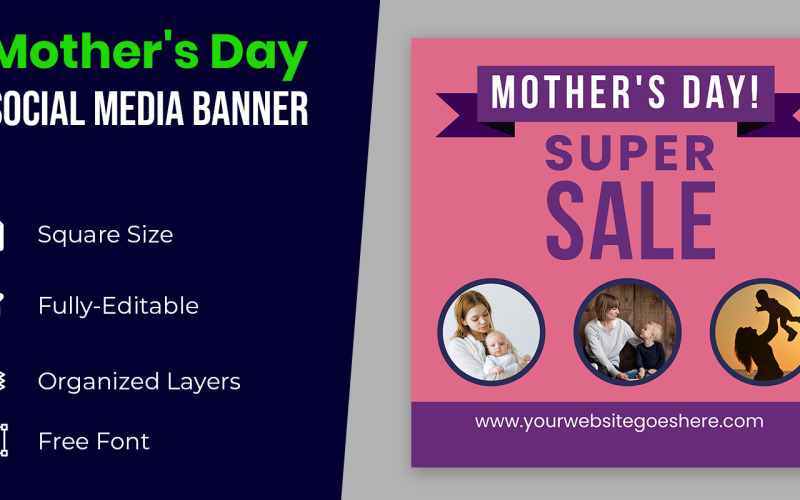 Banner de mídia social da mamãe e filho com espaço reservado para imagem