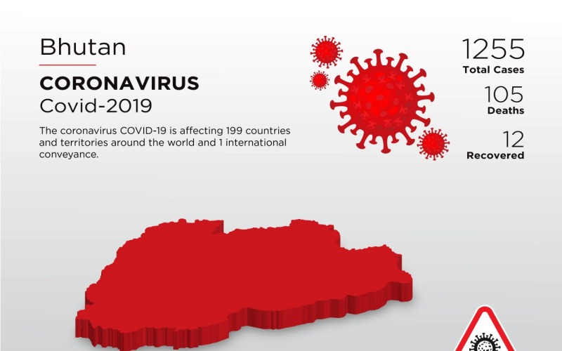 Bhután érintett ország 3D térképe a koronavírus arculati sablonról