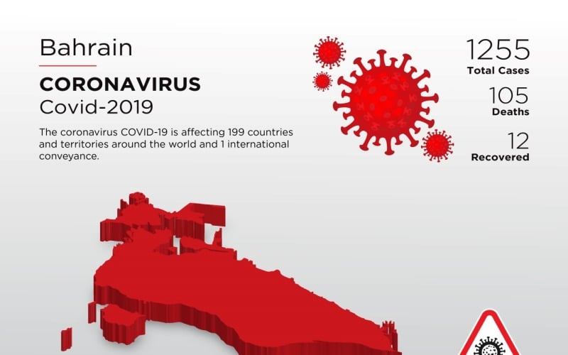 3D mapa postižené země v Bahrajnu s koronavirovou korporátní identitou šablony