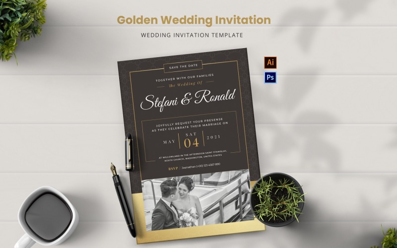 Złote zaproszenie na ślub