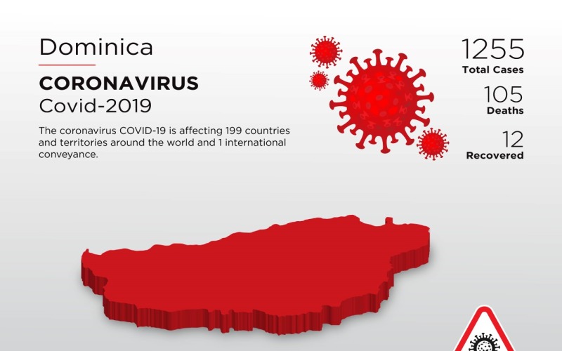 Dominika érintett ország 3D térképe a koronavírus arculati sablonról