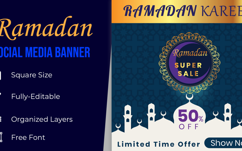 Banner de mídia social para venda de celebração do Festival do Ramadã