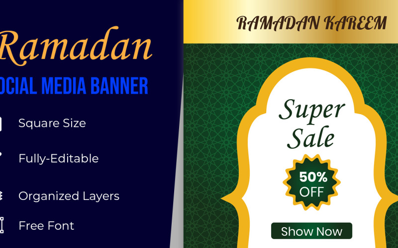 Banner gráfico de redes sociales de venta de celebración de Ramadán