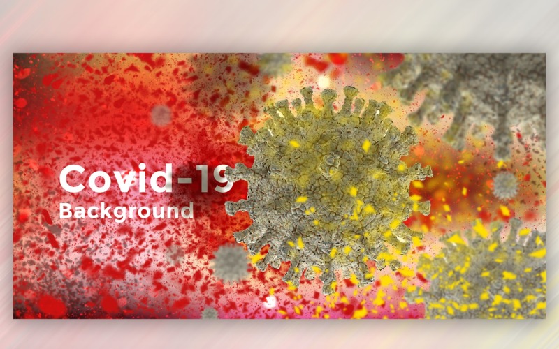 Cellule de coronavirus en vue microscopique en illustration de bannière de couleur rouge et jaune