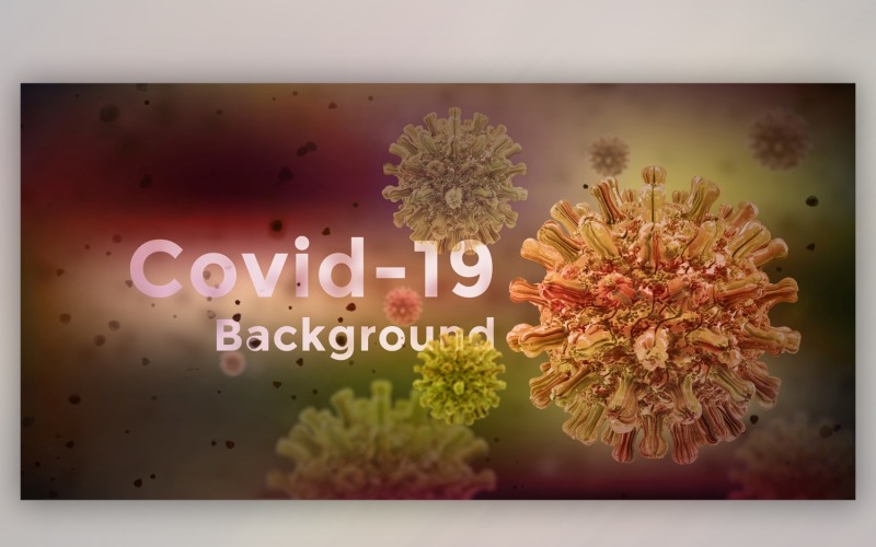 Célula de coronavirus en vista microscópica en ilustración de banner de color verde y amarillo