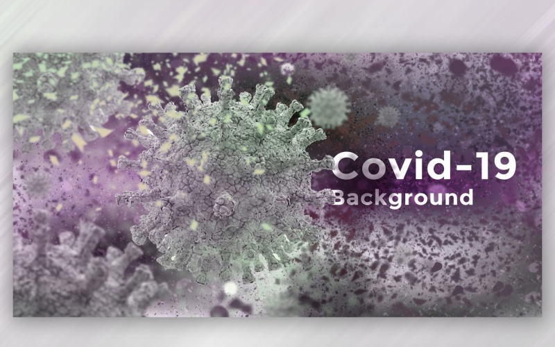 Célula de coronavirus en vista microscópica en púrpura con ilustración de banner de color verde