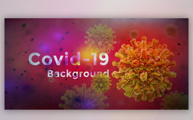 Célula de coronavirus en vista microscópica en rojo con ilustración de banner de color amarillo