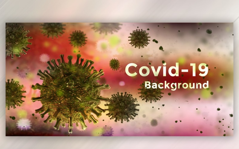 Célula de coronavirus en vista microscópica en verde con ilustración de banner de color rojo