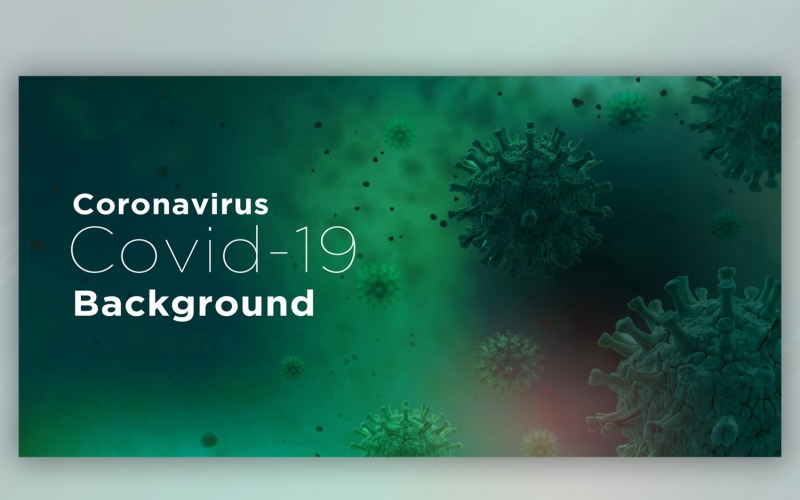 Coronavirus-Zelle in der mikroskopischen Ansicht in der grünen Farbbanner-Illustration