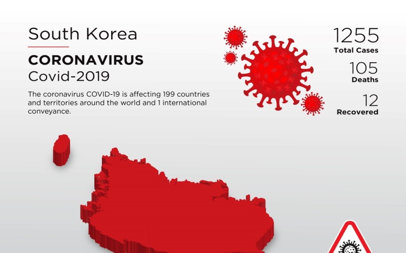 3D-kaart van het getroffen land in Zuid-Korea van de huisstijlsjabloon voor het coronavirus