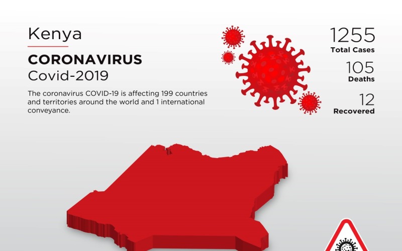 肯尼亚受影响国家的冠状病毒企业标识模板的3D地图